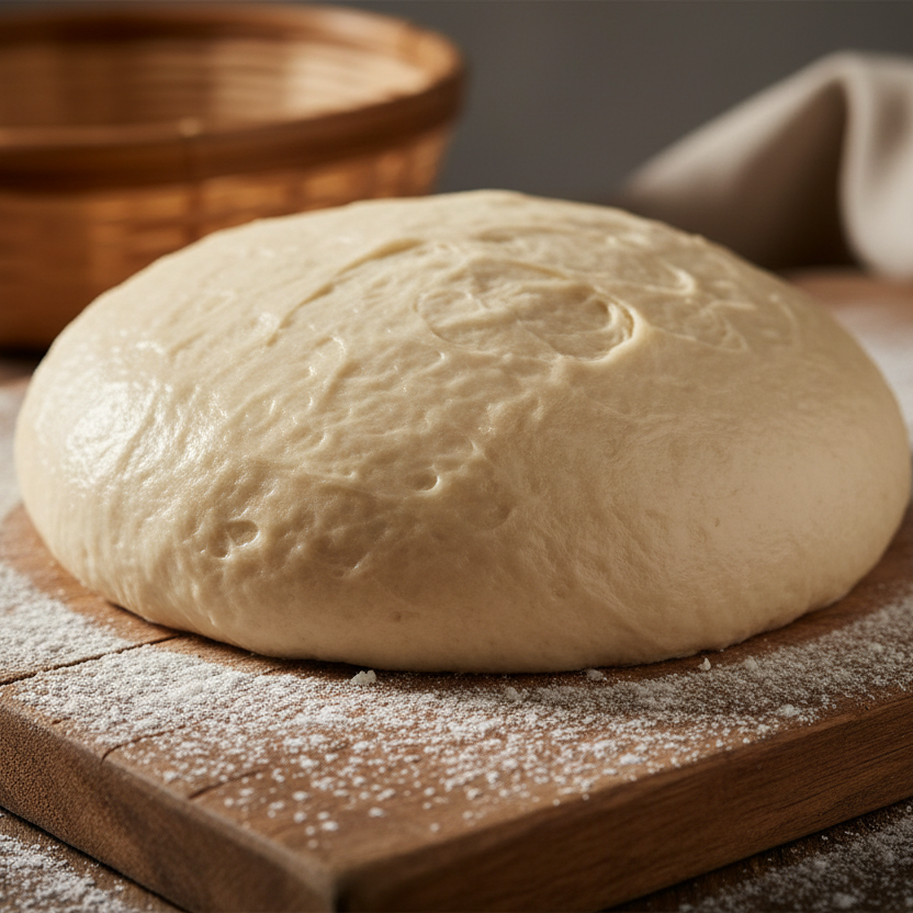 Ball of dough on a wooden cutting board with a basket and cloth in the background