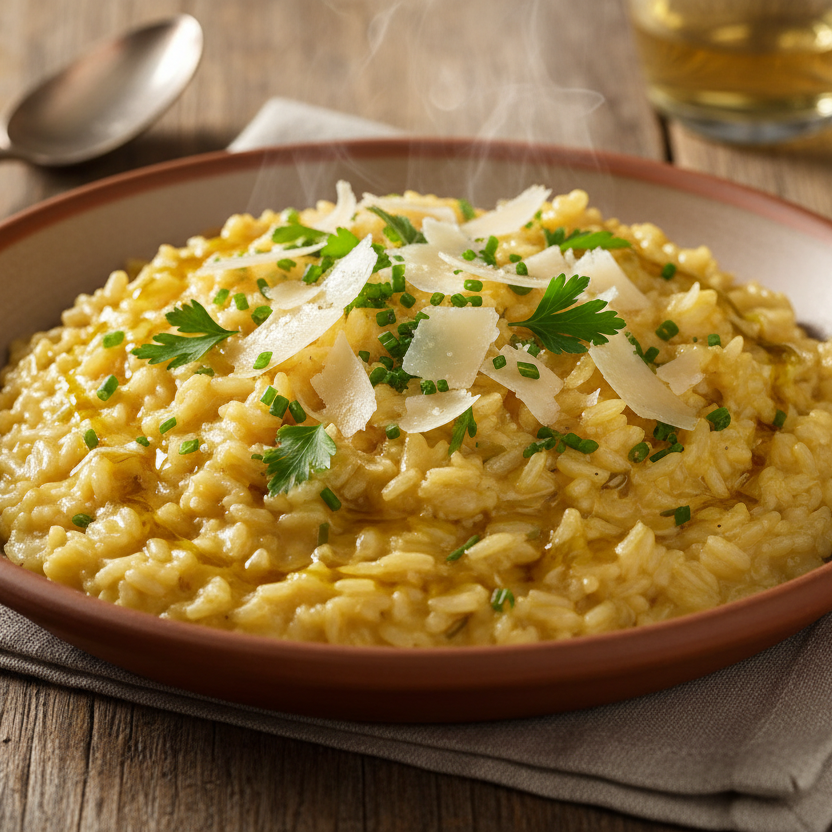 bowl of creamy risotto with parmesan and herbs on a wooden table