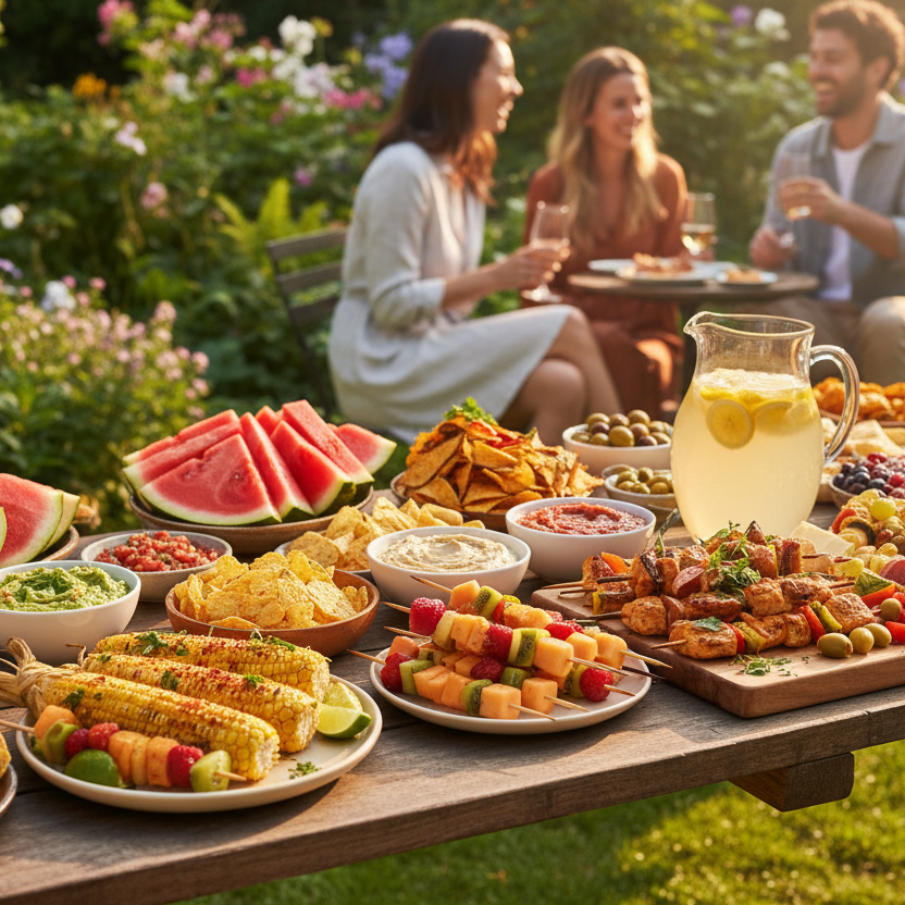 People enjoying a picnic with a table full of food in a garden setting.
