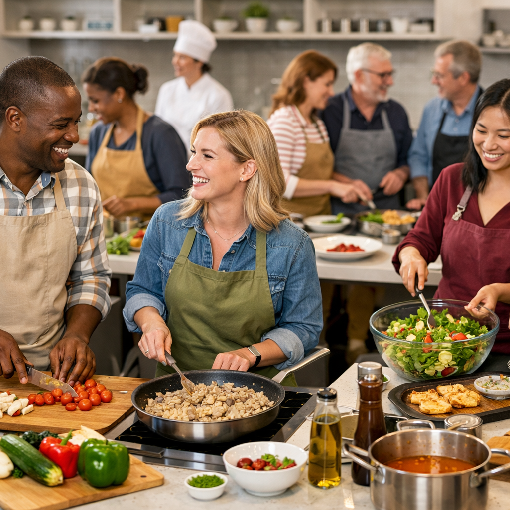 Group of people cooking together in a kitchen