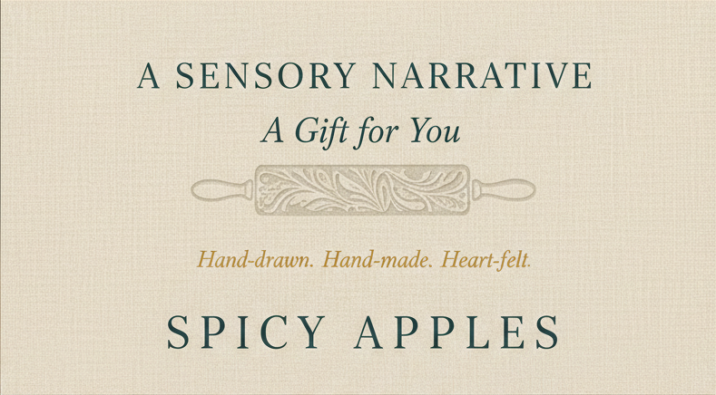 Text on a beige background with a rolling pin illustration, describing 'Spicy Apples' as a gift.