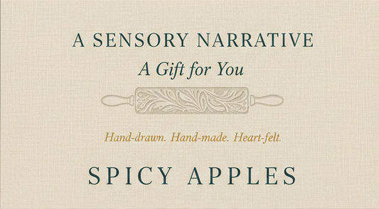 Text on a beige background with a rolling pin illustration, describing 'Spicy Apples' as a gift.