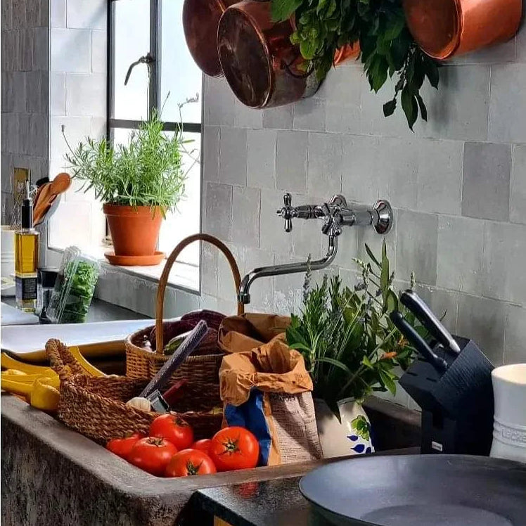 Kitchen counter with copper pots, plants, and vegetables in a rustic setting.