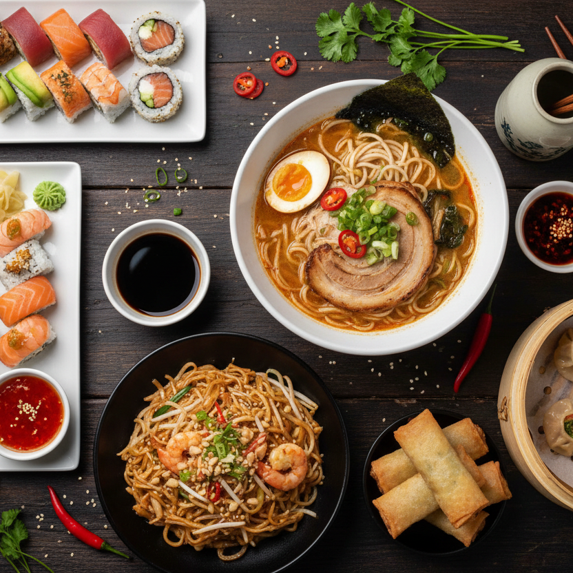 Assorted Asian dishes including ramen, sushi, and spring rolls on a wooden table.