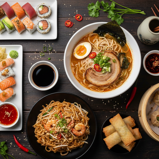 Assorted Asian dishes including ramen, sushi, and spring rolls on a wooden table.