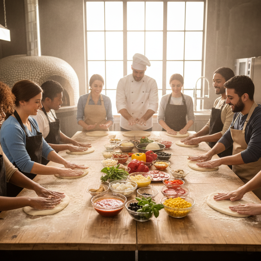 Group of people learning to make pizza in a kitchen with a chef instructing.