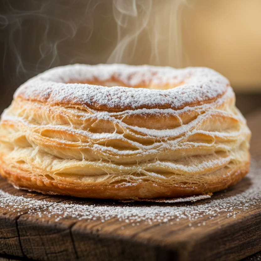 Steaming pastry on a wooden surface with a warm glow