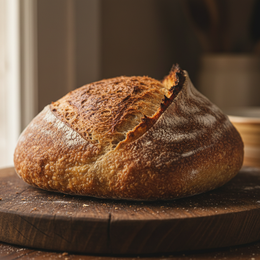 Loaf of bread on a wooden cutting board with a blurred background