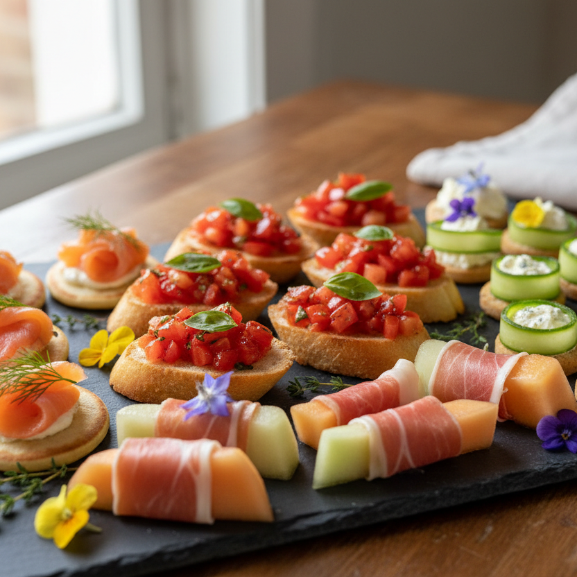 A black serving platter filled with assorted appetizers, including smoked salmon, tomato bruschetta, cucumber and mozzarella bites, prosciutto-wrapped melon slices, and small flower garnishes, set on a wooden table near a window.