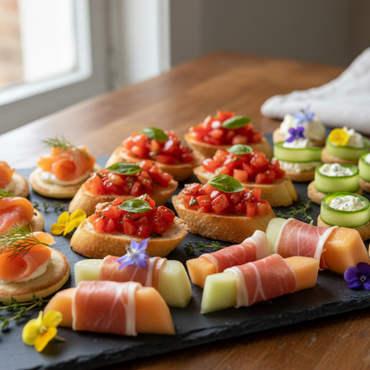 A black serving platter filled with assorted appetizers, including smoked salmon, tomato bruschetta, cucumber and mozzarella bites, prosciutto-wrapped melon slices, and small flower garnishes, set on a wooden table near a window.