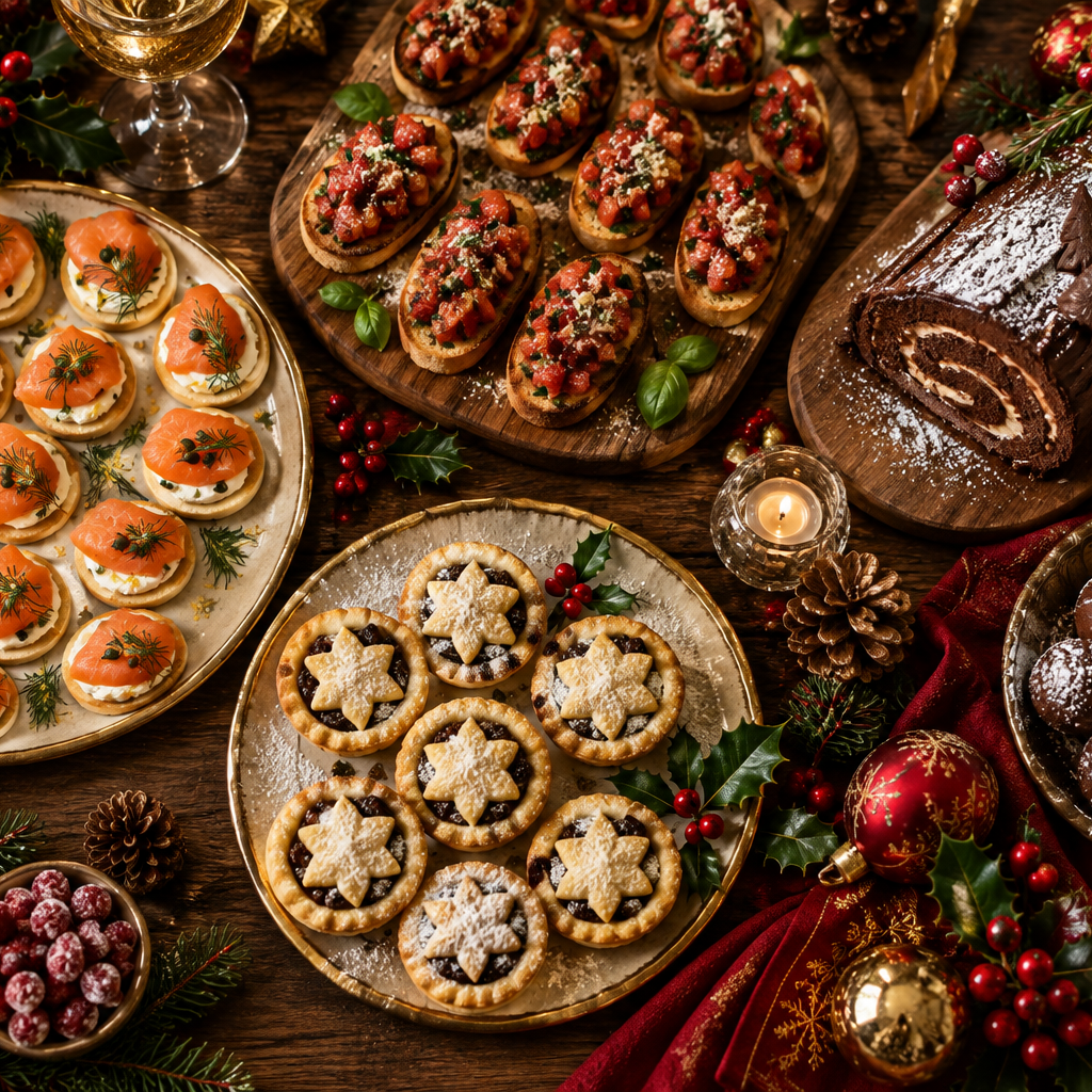 An overhead holiday spread of assorted baked goods on a dark wooden table, including mini tarts, fruit tarts, chocolate log cake, and chocolate-covered balls, surrounded by candles, holly, berries, pinecones, and ornaments.