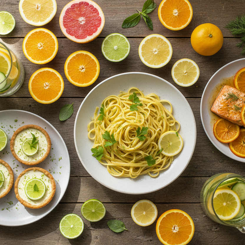 Assorted food items including pasta, salmon, and citrus fruits on a wooden table.