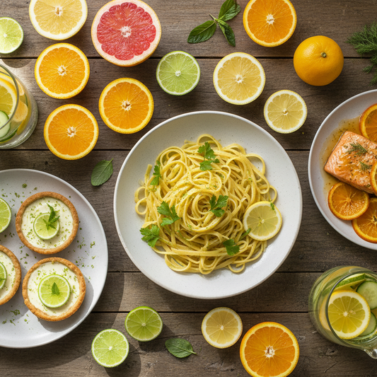 Assorted food items including pasta, salmon, and citrus fruits on a wooden table.