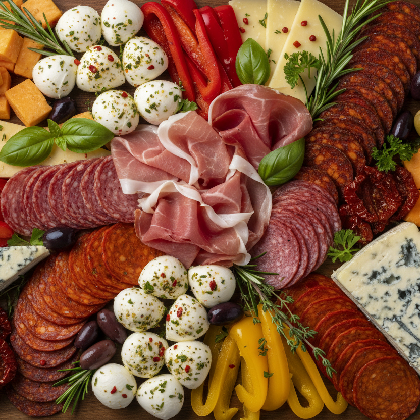 Assorted meats, cheeses, and vegetables on a wooden board