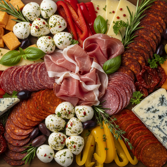Assorted meats, cheeses, and vegetables on a wooden board