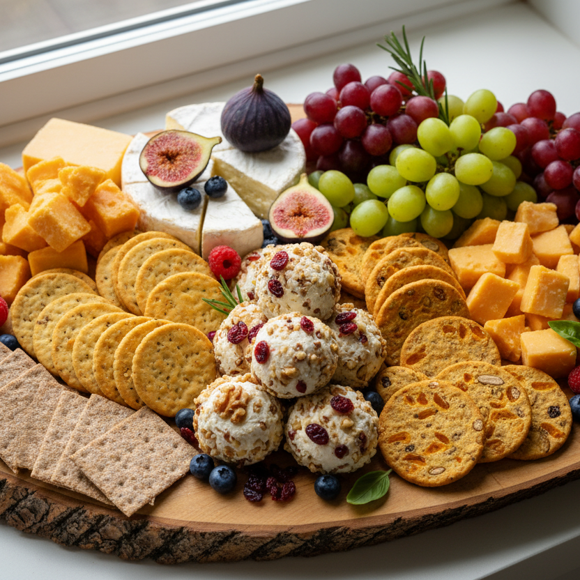 Assorted cheese, crackers, fruits, and nuts on a wooden board.