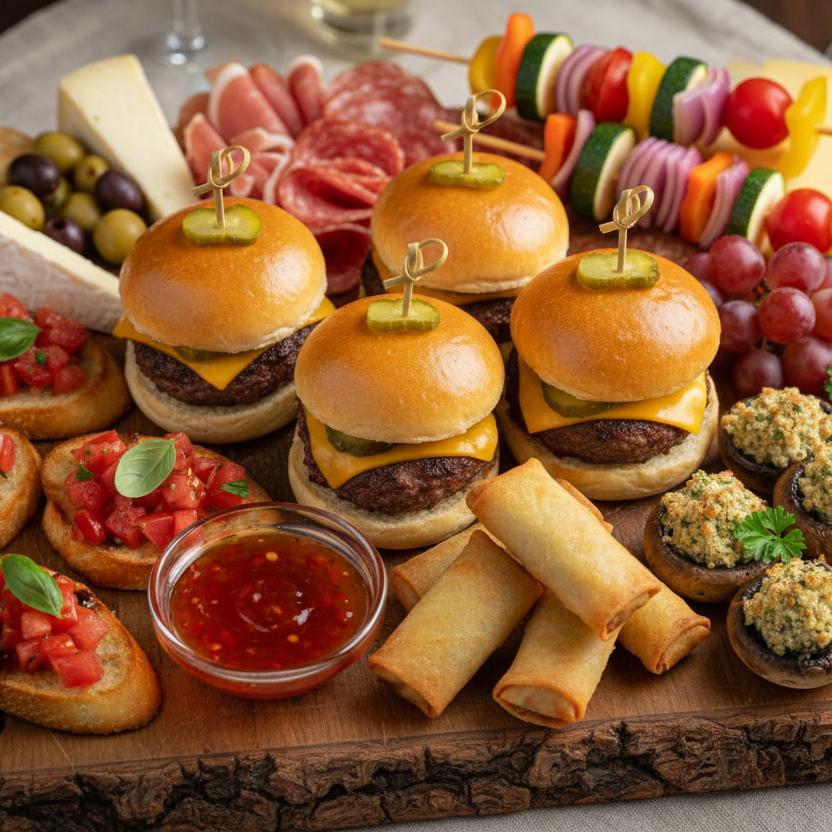 Assorted appetizers including sliders, bruschetta, and skewers on a wooden board.