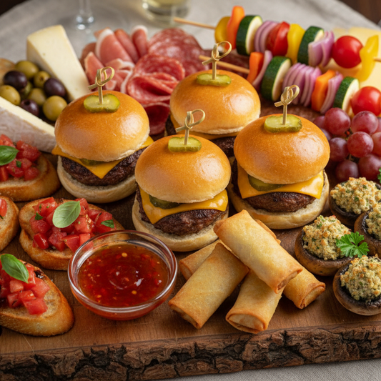 Assorted appetizers including sliders, bruschetta, and skewers on a wooden board.