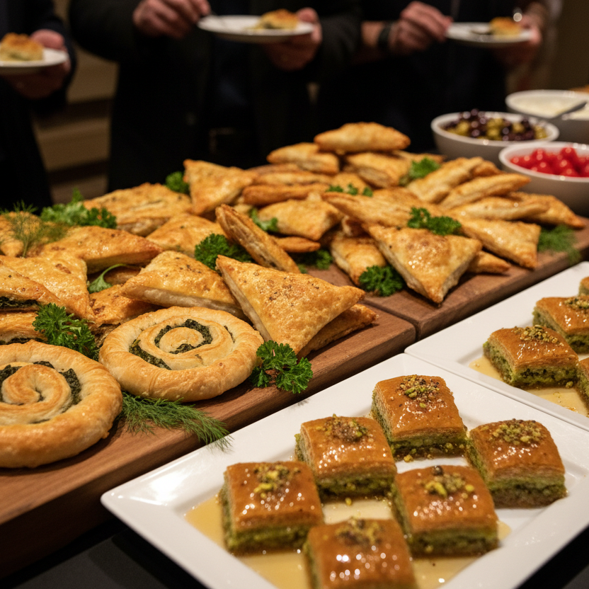 Assorted pastries and snacks on a buffet table