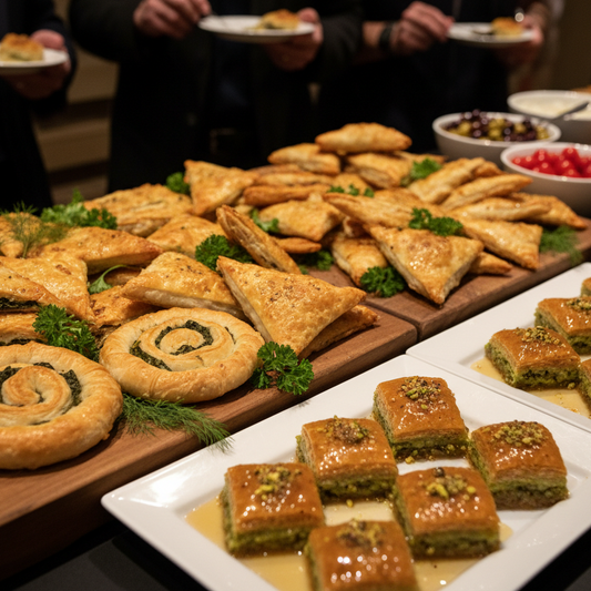 Assorted pastries and snacks on a buffet table