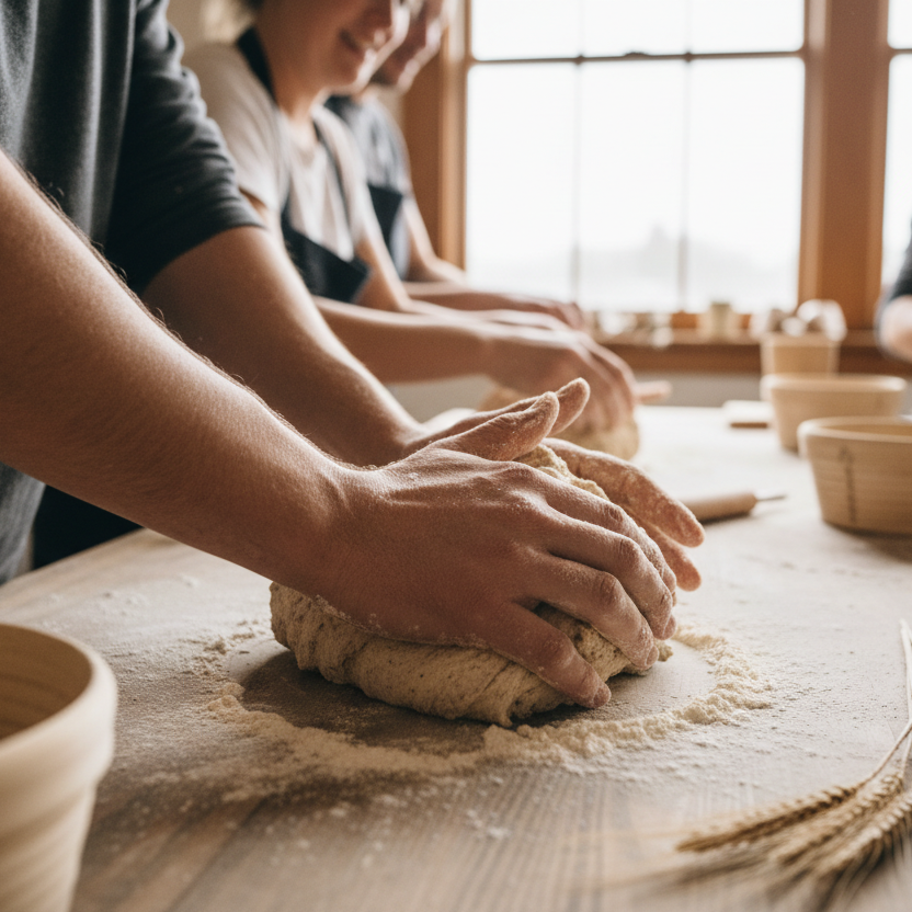 People kneading dough on a wooden table with various kitchen items around.