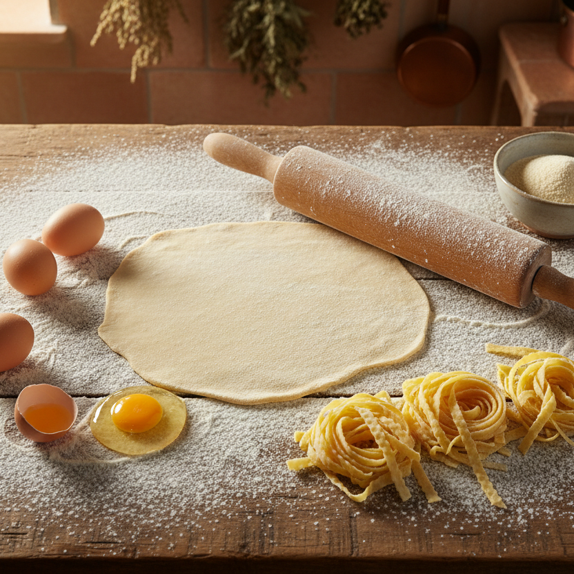 Wooden table with pasta-making ingredients including dough, eggs, and a rolling pin.