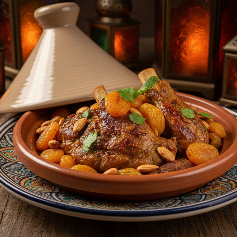 Ceramic tagine with lamb and apricots on a wooden table with lanterns in the background