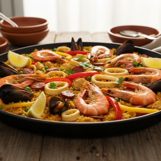 A large black pan filled with seafood paella on a rustic wooden table, surrounded by small brown bowls containing lemon wedges and utensils.