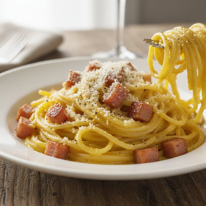 Spaghetti dish with ham and parmesan on a white plate, served on a wooden table.