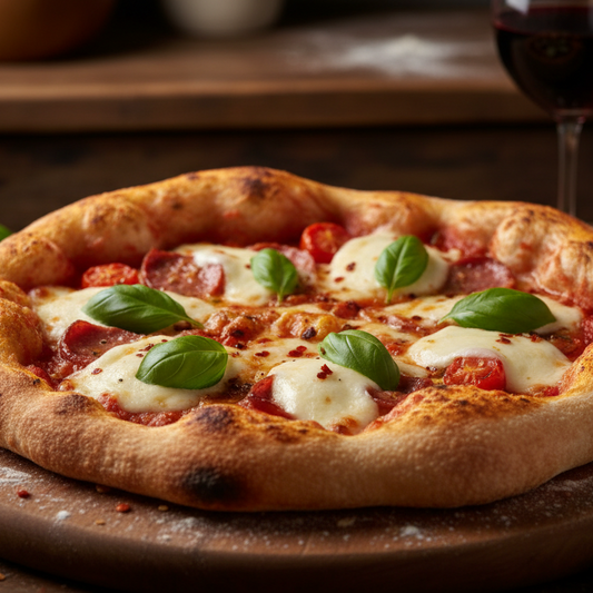 Pizza with basil leaves on a wooden board with a glass of red wine in the background