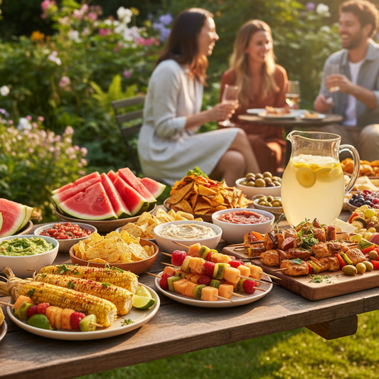 People enjoying a picnic with a table full of food in a garden setting.